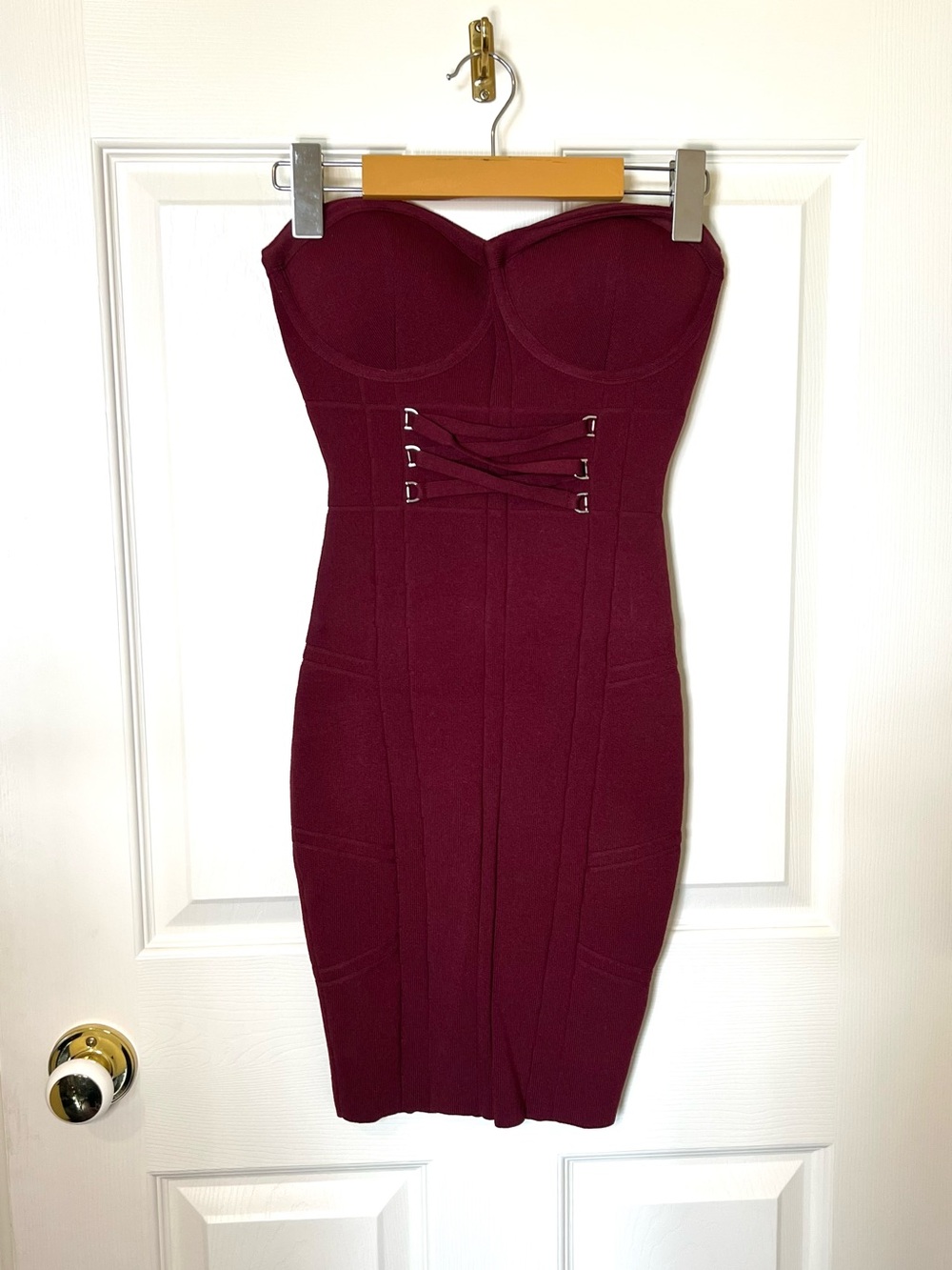 Guess Strapless Wine Bodycon Dress with Lace-Up Front